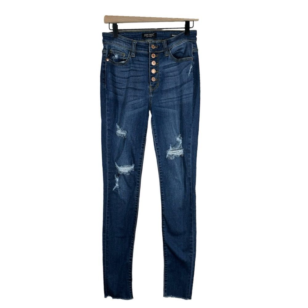 Judy Blue High Waist Distressed Skinny Jeans Copper Button Fly Size 7/28 JB82246